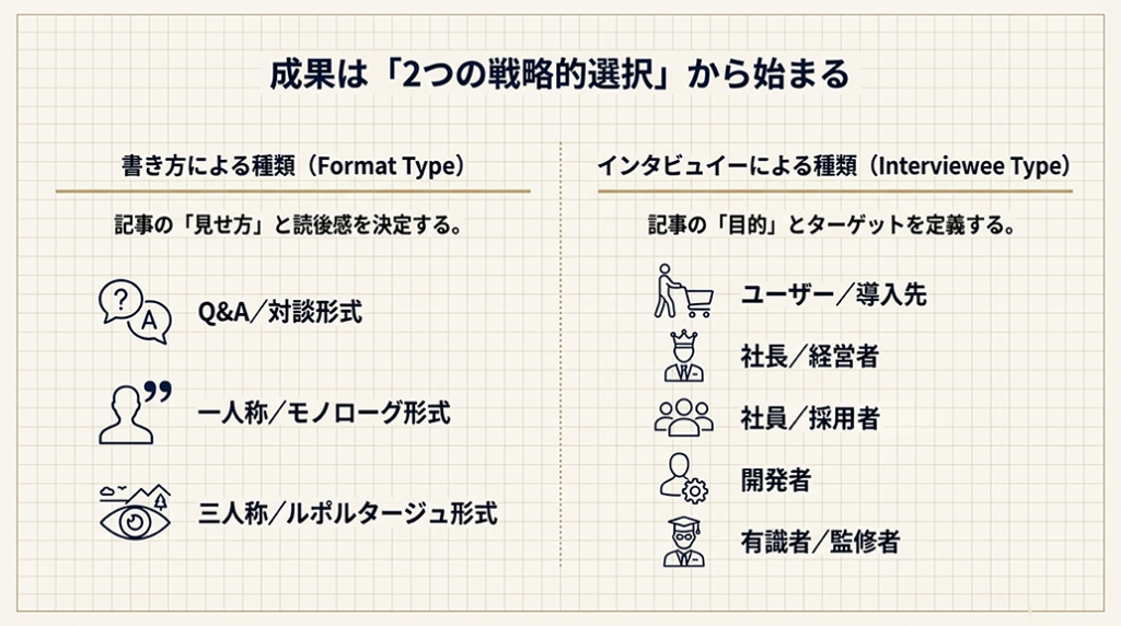 <書き方による種類分け>
・Q&A/対談形式
・一人称/モノローグ形式
・三人称/ルポルタージュ形式  <インタビュー対象者による種類分け>
・ユーザー/導入先
・社長/経営者
・社員/採用者
・開発者
・有識者/監修者