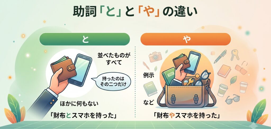 助詞「と」と「や」の違いは、全列挙か部分列挙か