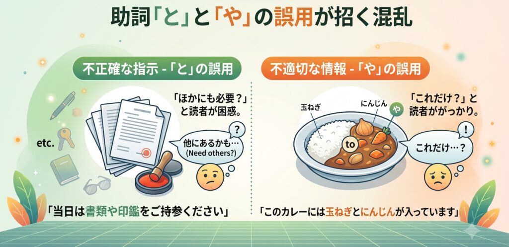 助詞「と」と「や」を誤用すると何が起きるか