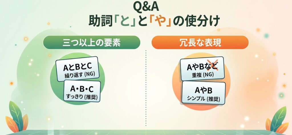 助詞の「と」と「や」に関するQ&A